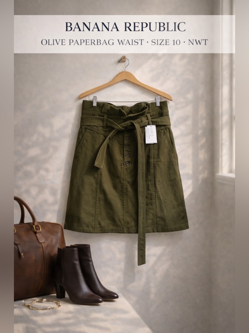 Banana Republic Olive Paperbag Waist Belted Mini Skirt Size 10 NWT